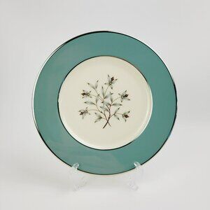 Lenox Kingsley SALAD Plate Teal Band Platinum Trim Floral Center c.1954-79 USA